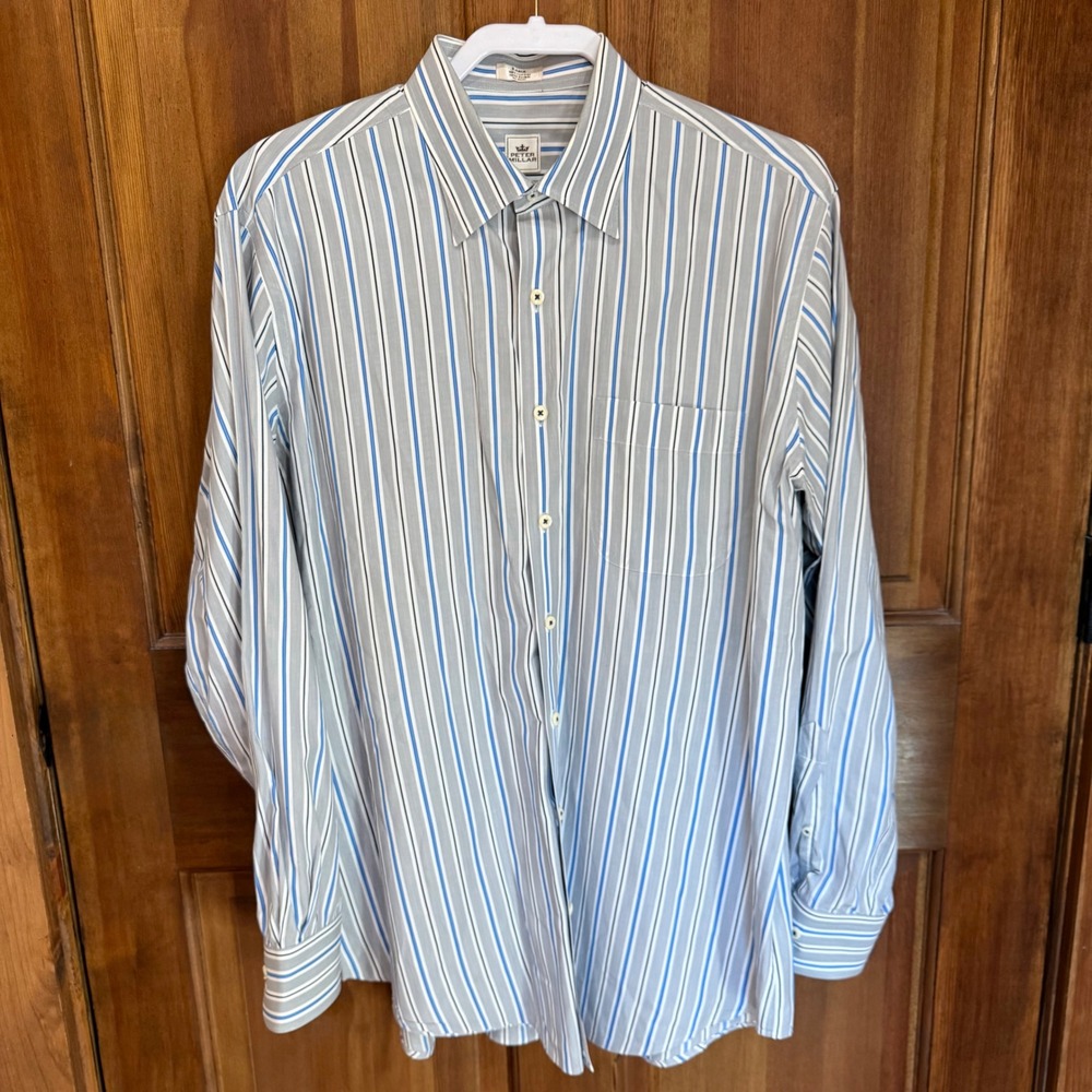 Peter‎ Millar Mens Large Blue Grey Striped Cotton Long Sleeve Button Down Shirt